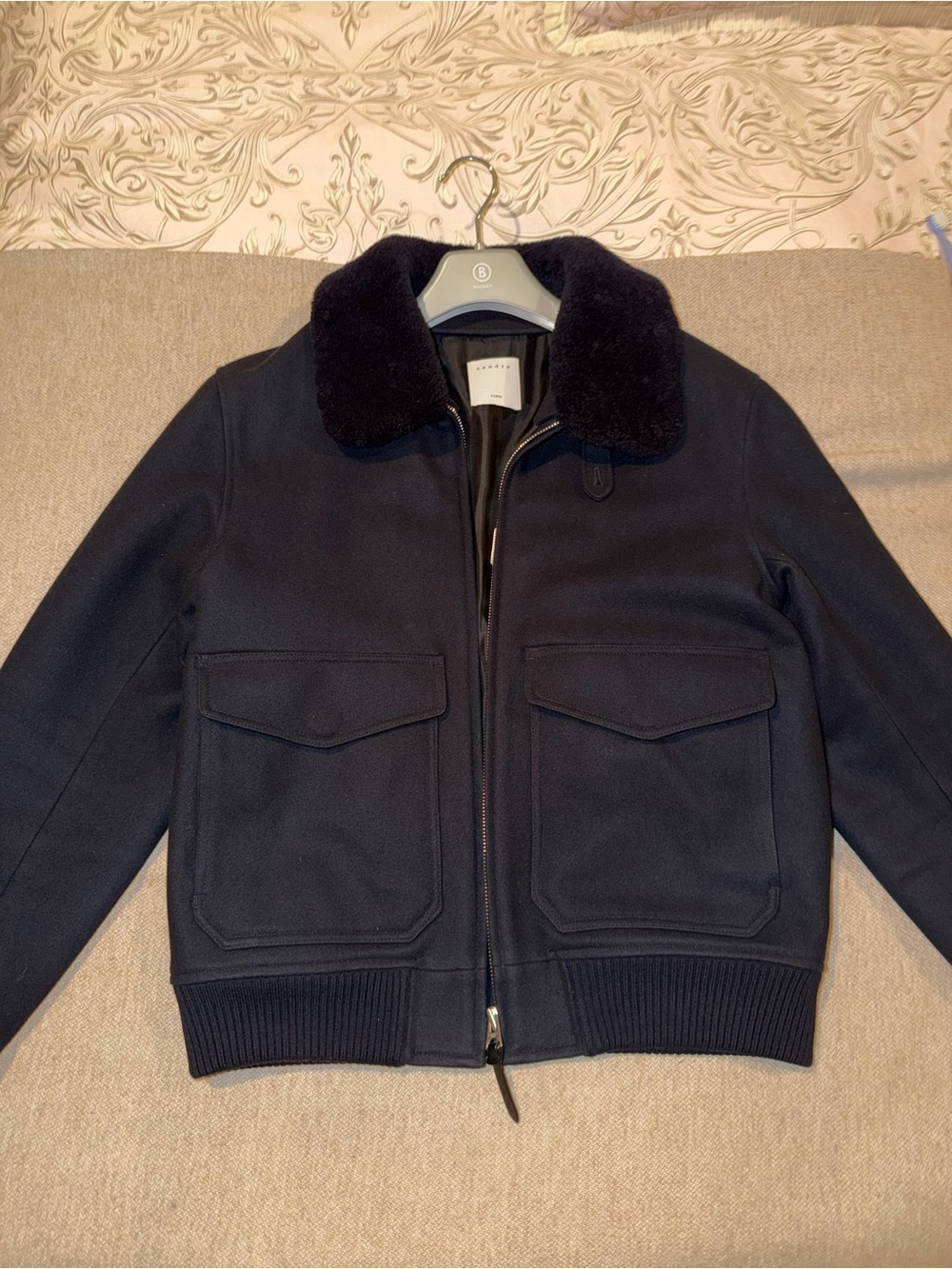 Sandro Pari Men's Navy Jacket with Shearling Collar (removable collar) size US L